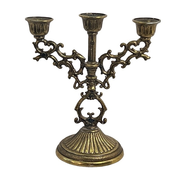 Vintage Mini Metal Candelabra - Art Nouveau Gold-Tone Taper Candle Holders Italy - Picture 1 of 8